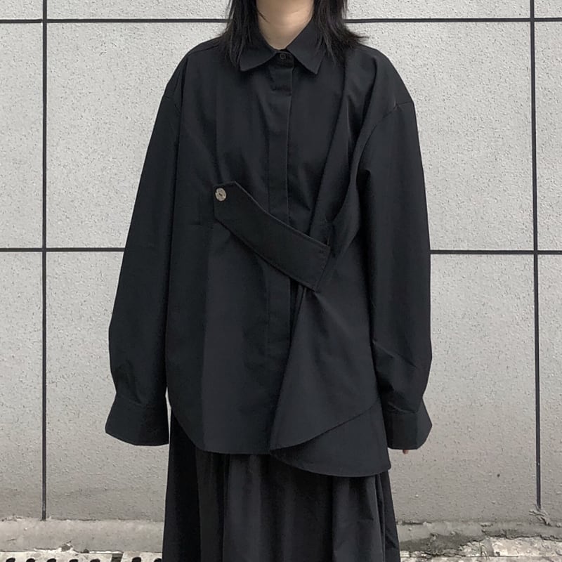 [Modern People Series]★Shirt★ Tops Black Black Free size Loose Harajuku style Irregular Unisex