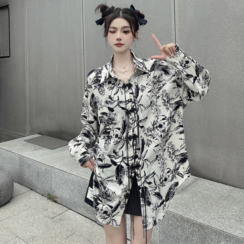 【Styleシリーズ】★チャイナ風シャツ★ トップス 中華服 改良唐装 水墨柄 ゆったり ファッション 着痩せ