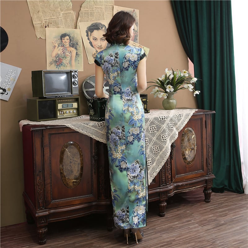 Chinese dress, dress, Chinese style clothing, stand neck, short sleeve, long length, elegant, slimming, classy, ​​large size, ML XL 2XL 3XL 4XL, everyday wear, party, girls' night out, blue, gray, floral pattern, artificial silk