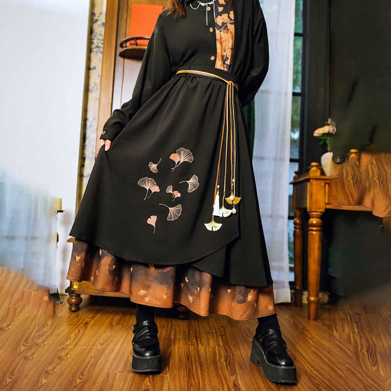 [Kokaisha --- Leaf Series] ★China style skirt★ Bottoms Switching Color scheme Floral print Black Black