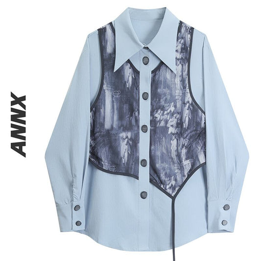 [ANNXstudio Series]★Shirt★ Long sleeve shirt tops fake layered temperament enhancement design blue