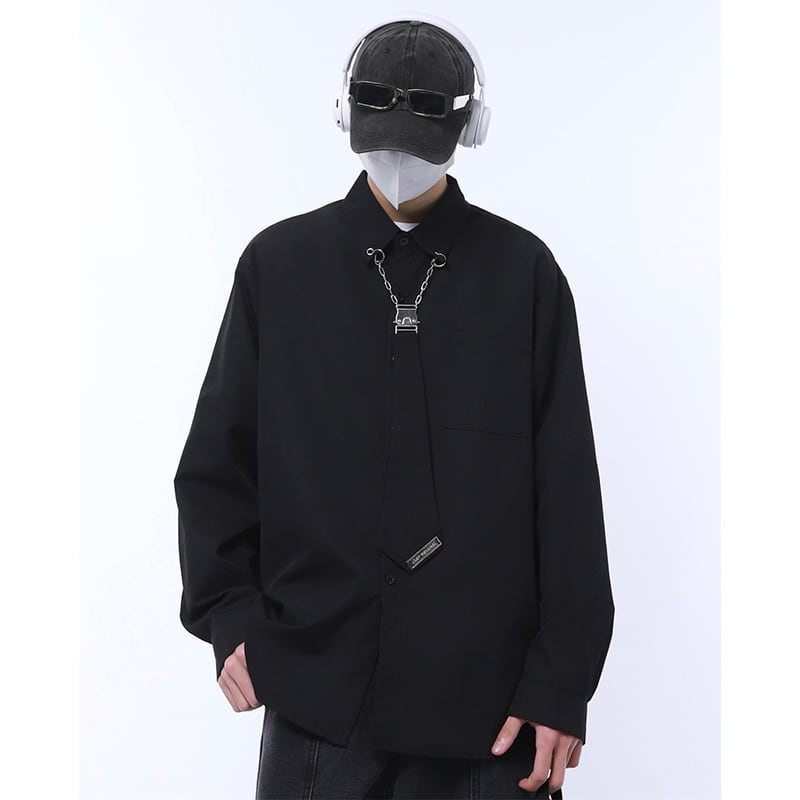 [KAER Series]★Shirt with tie★ Tops 2color Long sleeve shirt Short sleeve shirt Unisex Men's Large size Black White