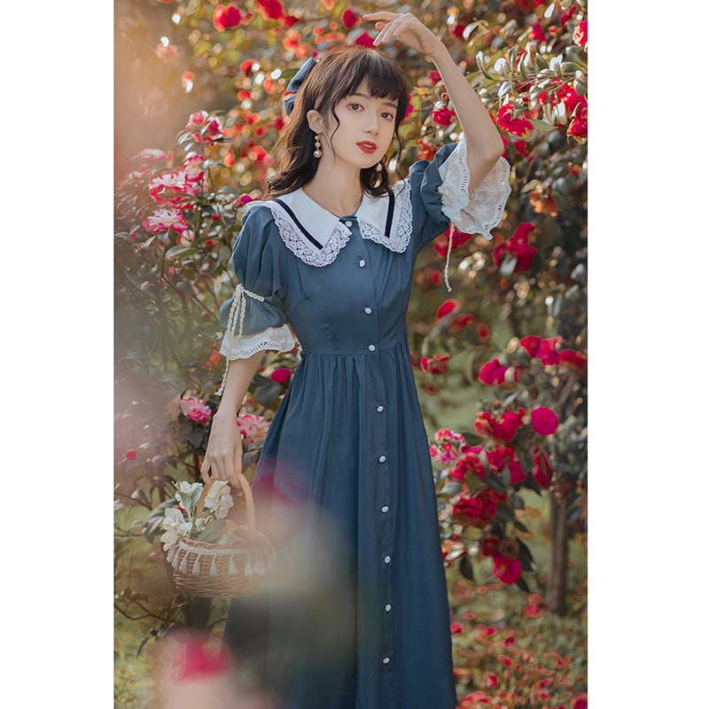 [Jinkyoku Series] ★One Piece★ Retro Dress Cute Ladies Date Shooting Design Color Scheme Blue Blue