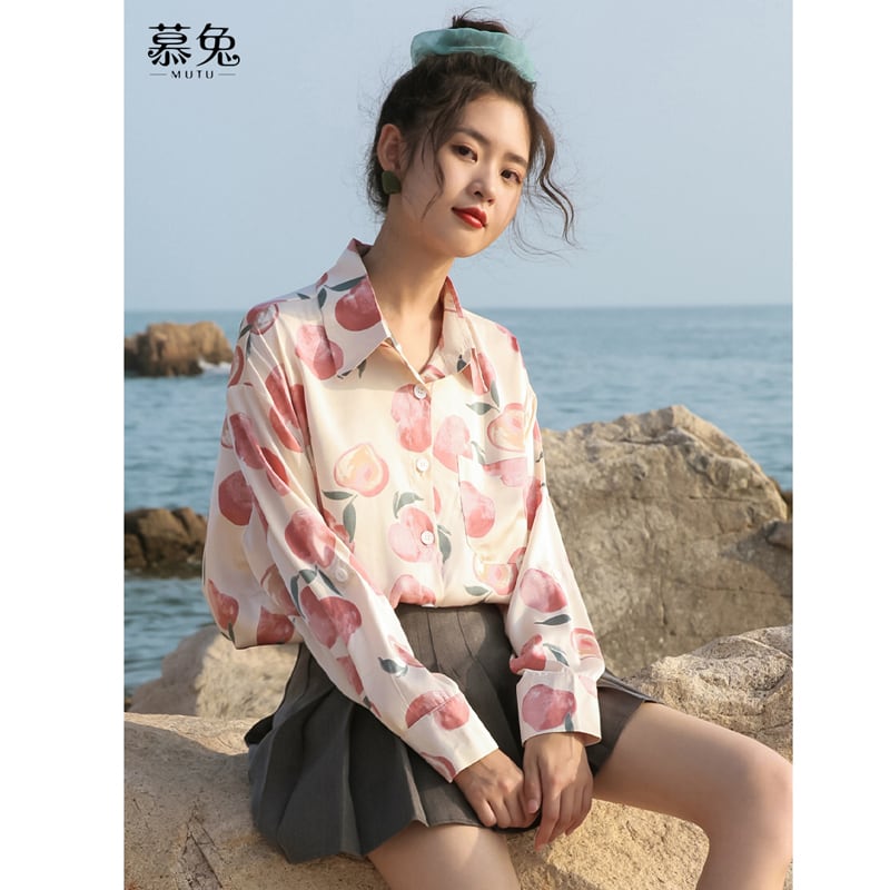 [Love Series]★Shirt★ Tops Peach Cute Youth Print Easy to Match Pink SML Loose Casual