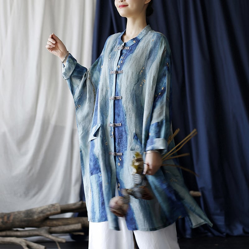 [LIANSHANG Series] ★Chinese style tops★ Shirt, long shirt, blue, loose, slimming, Chinese clothes