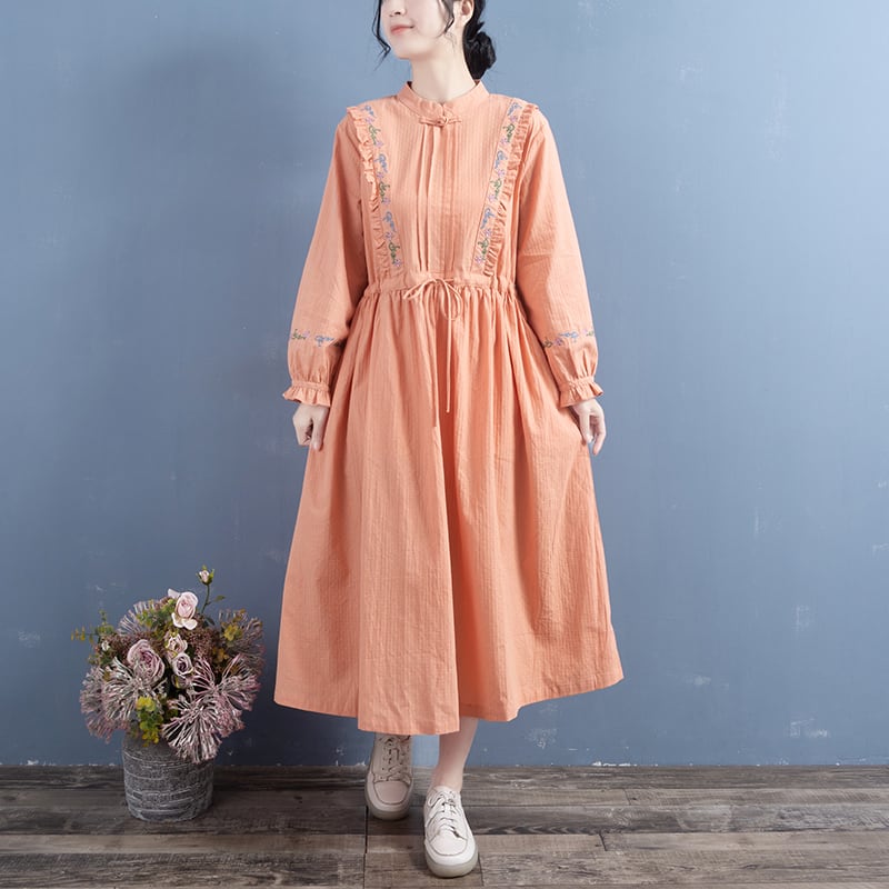 [Qing Series]★Chinese style dress★ 5color embroidery Improves temperament White Apricot Green Purple Orange