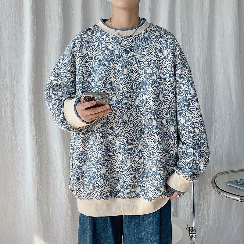 [Tiaota Series] ★Fleece-lined tops★ 2color Blue or Black Unisex Print Floral Pattern Faux Layered