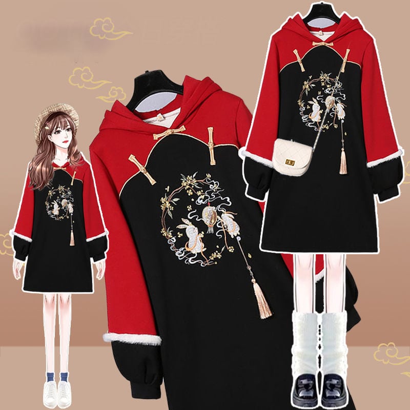 [Silk Series] ★Chinese style hoodie★ Fleece lining 2color hoodie dress Chinese clothing embroidery large size