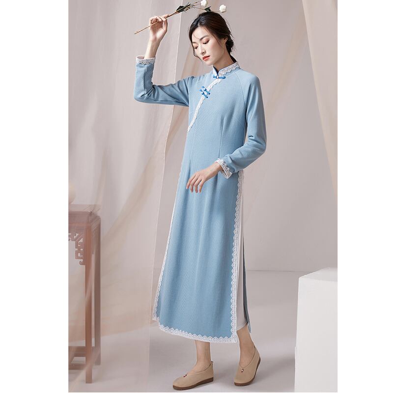 [Kokage Zen Clothes Series] ★Chinese style dress★ Thick improved Tang dress fake layered Blue Blue SML XL Ethnic style