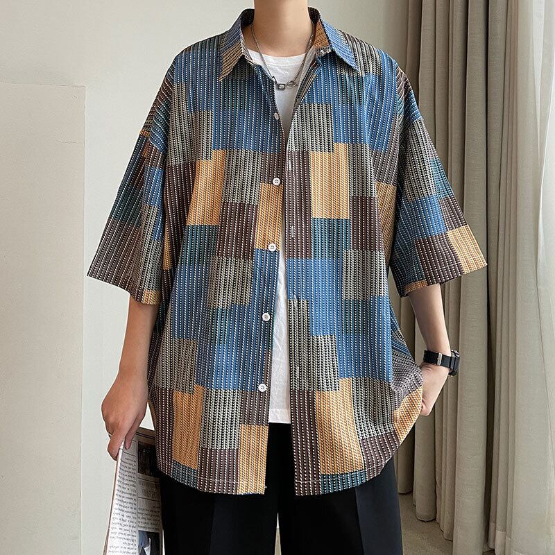 [TIAOTA Series]★Shirt★ Tops Unisex Men's Summer Clothes Easy to Match Plaid Summer Clothes Hawaii Aloha Shirt