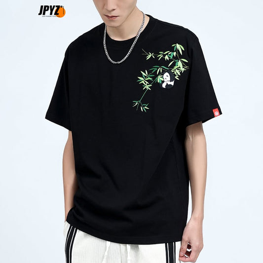 [JPYZ Series]★China style T-shirt★ Tops Unisex Men's Panda Embroidery Black Easy to match