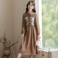 Load image into Gallery viewer, [Shukunsho series] ★China style dress★ 2color fake layered ladies cute retro autumn clothes black coffee color
