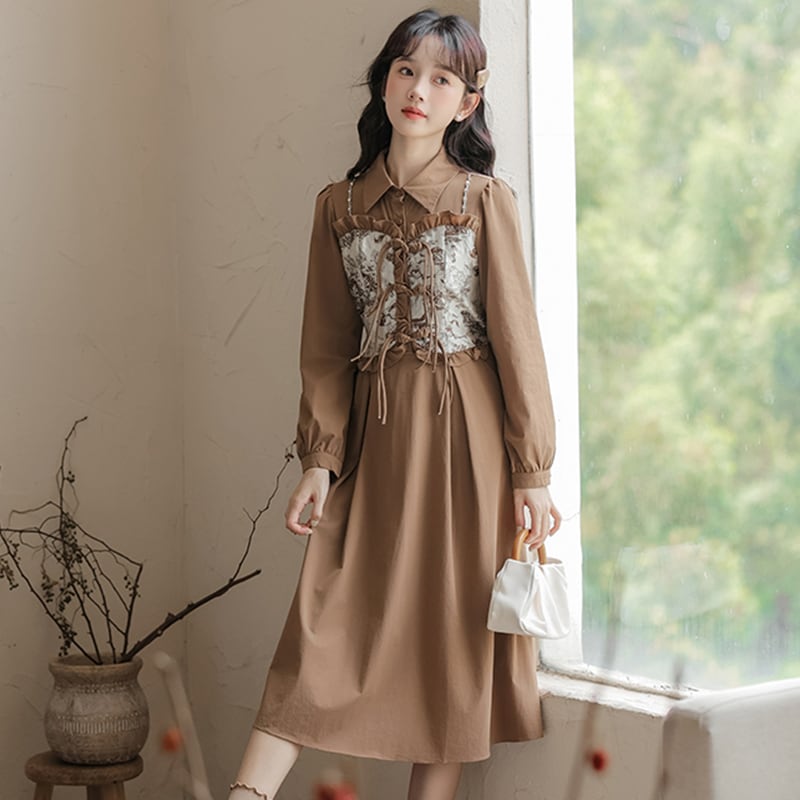 [Shukunsho series] ★China style dress★ 2color fake layered ladies cute retro autumn clothes black coffee color