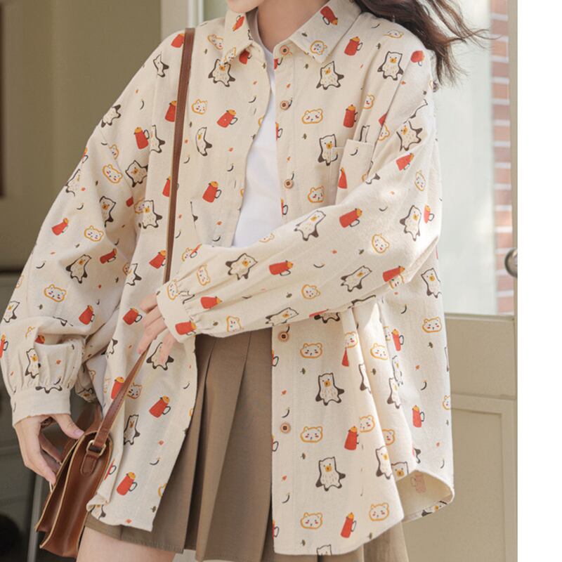 [Mago Series]★Shirt★ 3color Tops Penguin Long Sleeve Shirt Print Loose Cute SML