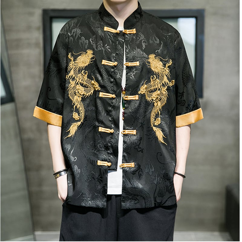 [JUNYI Series]★Chinese Style Shirt★ Embroidery Dragon 2color Unisex Men's Large Size Chinese Clothes Black White