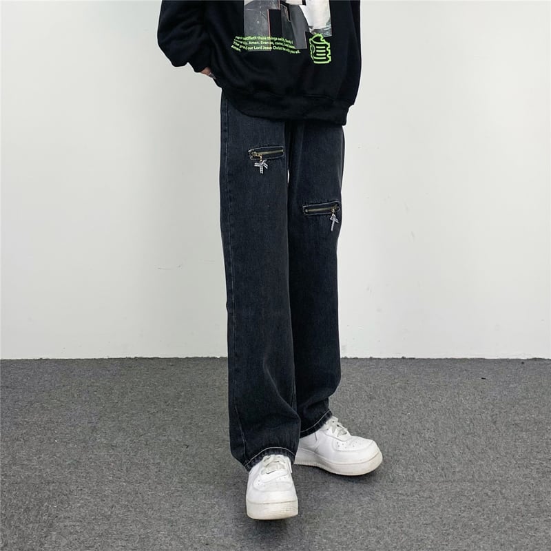 [MGJM Series]★Denim Pants★ Bottoms Unisex Men's Pants Black Black SML XL Slimming Easy to match