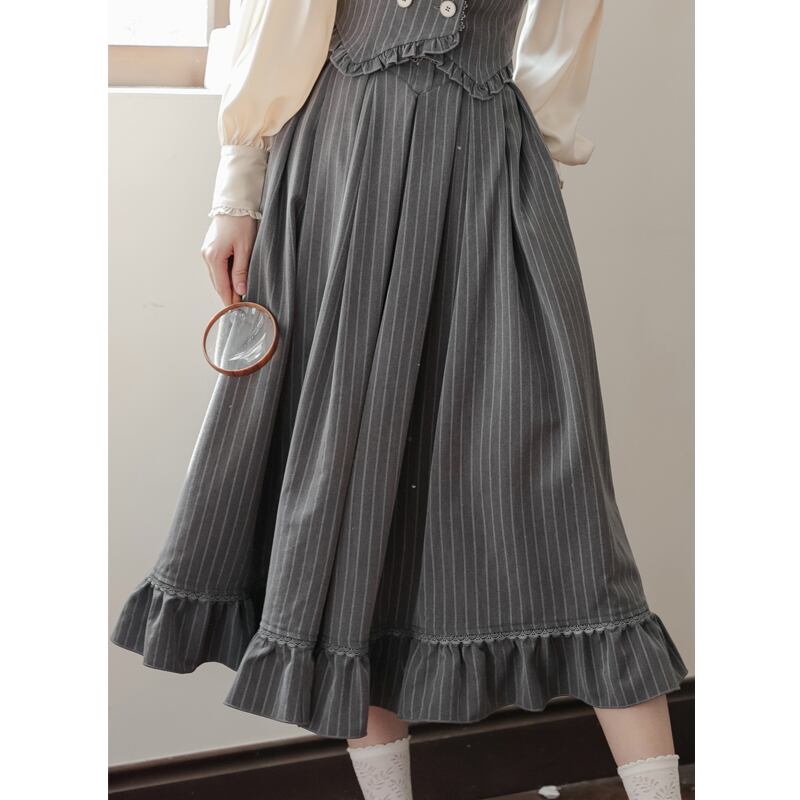 [Minami no Mori Series] ★Skirt★ Bottoms Improves temperament Cute Gray Gray SML XL Vertical stripes Ladies