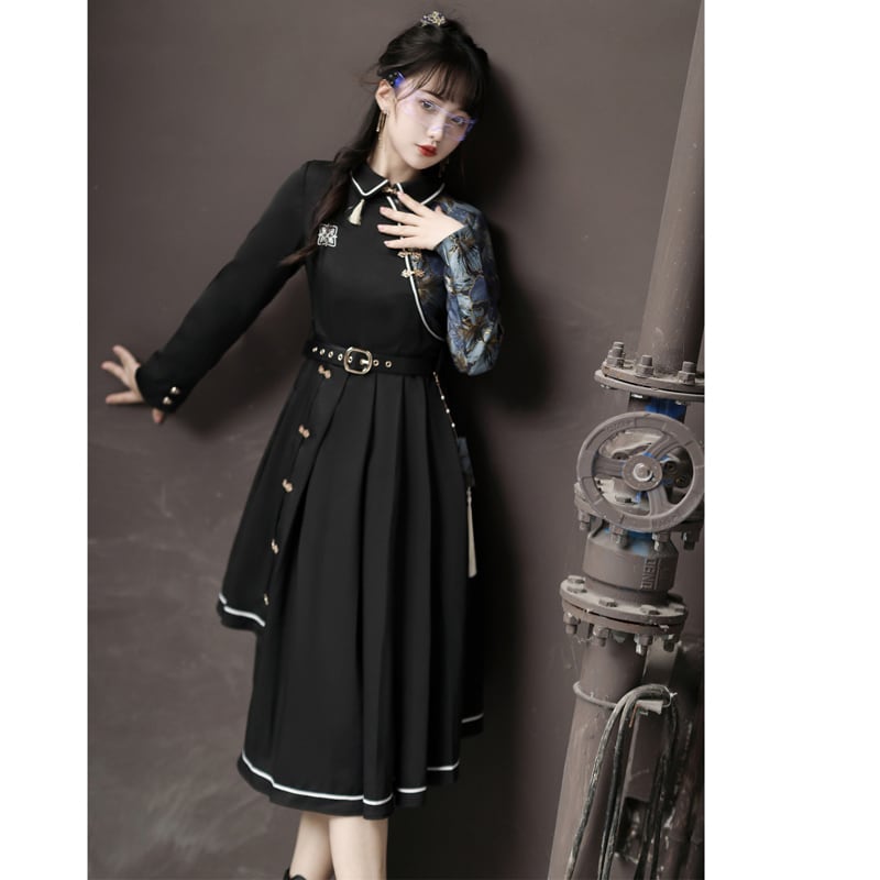 Manager recommended! [Dust Smoke Cloud Dream---Fightless City Series] ★China style dress★ With belt, long sleeves, switching, floral pattern, black, black, irregular, SML