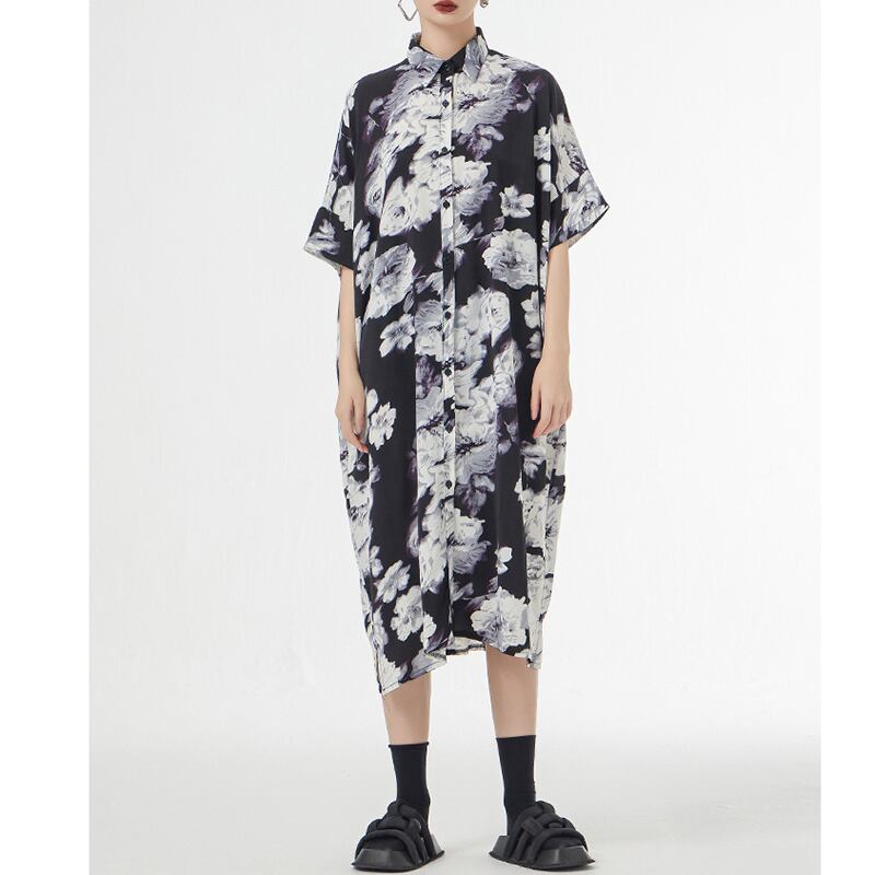 [YIDAO Series]★Shirt dress★ 2color long shirt print retro floral pattern loose casual summer clothes