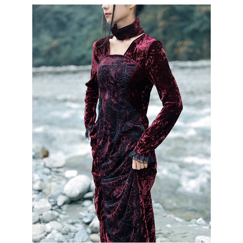 [Daiseiryusu Series] ★China style dress★ Long length velvet wine red red original retro