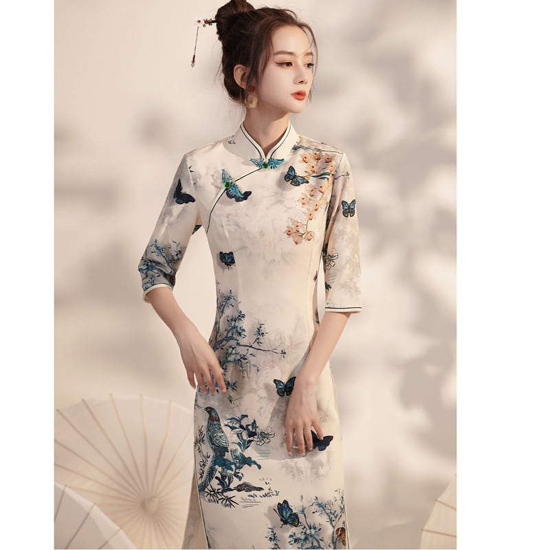 [Bacho Senko Series] ★Cheongsam dress★ Dress, long length, butterfly, elegant, large size, slim