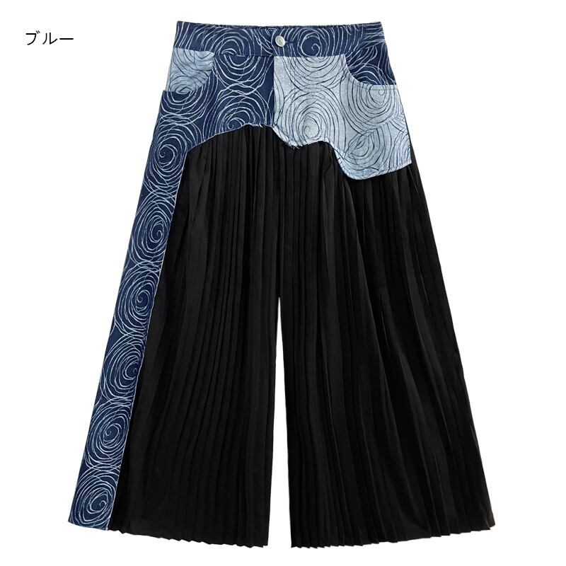 [YIDAO Series] ★Casual Pants★ 2color Print Switching Gaucho Pants Trousers Slimming Fashion