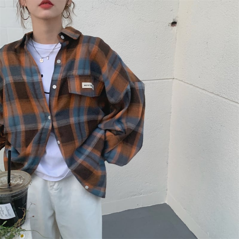 [XIAOXINJIA Series]★Shirt★ 2color Long Sleeve Shirt Tops Ladies Plaid Fashion Color Scheme