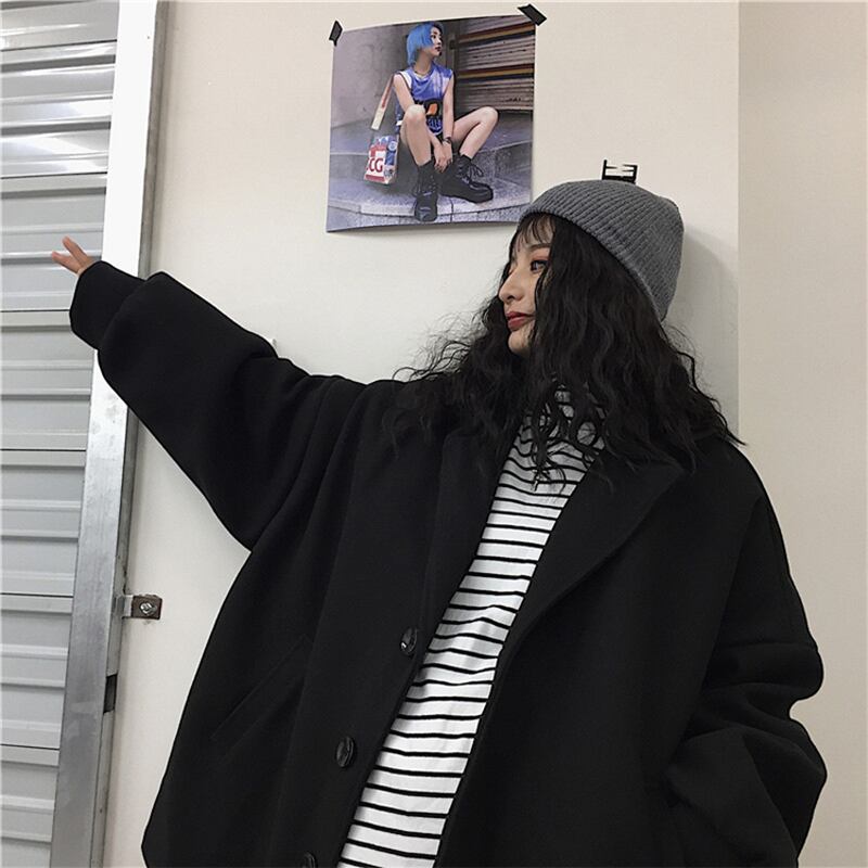 [Miyakoya Series] ★Trench coat★ Rasha Unisex Thick Warm Black Black ML Plain Simple Harajuku style Easy to match