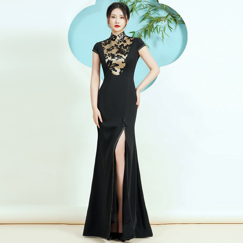 [Yukin Yumori Series] ★Cheongsam dress★ Mermaid line Improves temperament Maxi length Large size Sexy Black