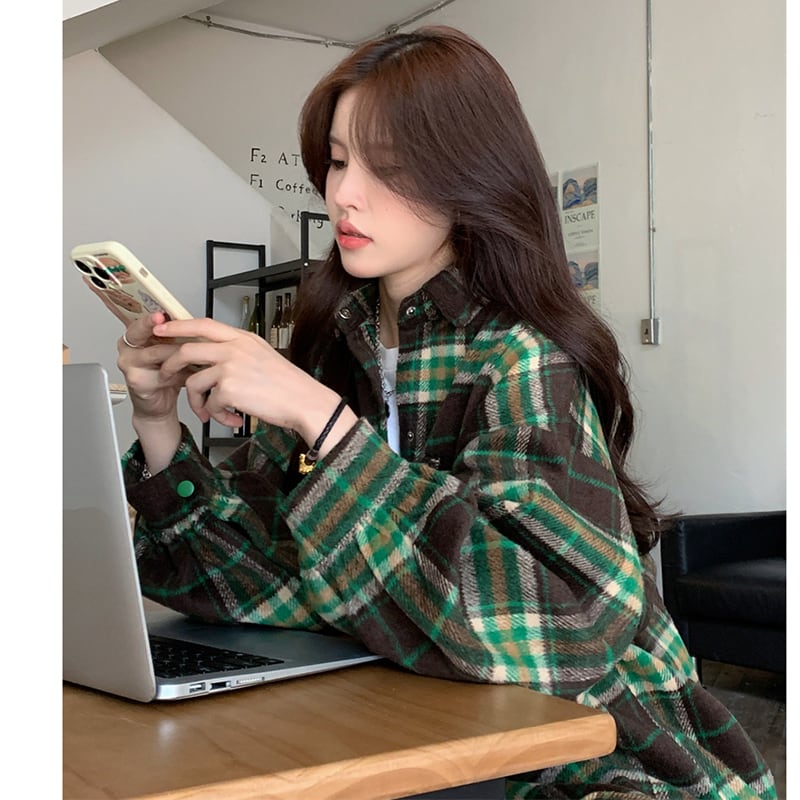 [XIAOXINJIA Series]★Outerwear★ Shirt Jacket Unisex Men's Checkered Pattern Casual Green Green