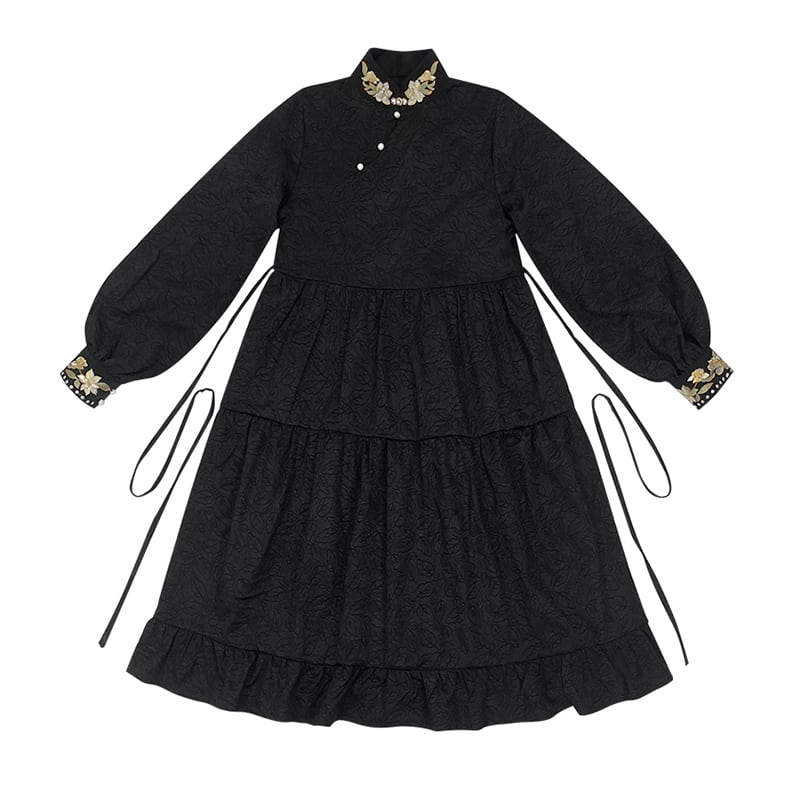 [Three---Kinsui Series]★China style dress★2color embroidery long sleeve dress everyday wear cute black white