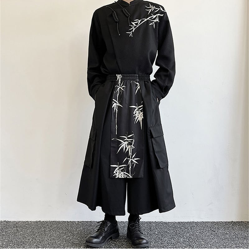 [Illustrated series] ★China style pants★ Gaucho pants unisex men's nine-quarter length black black culottes fake layered