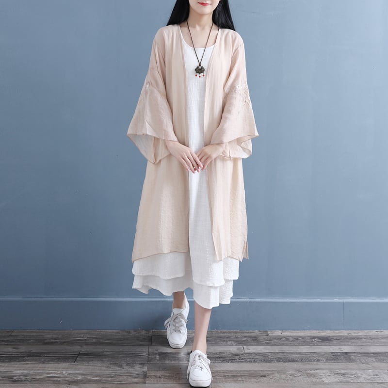 [Qing Series]★China style coat★ 4 colors chiffon long length thin speaker sleeve beige blue green purple white