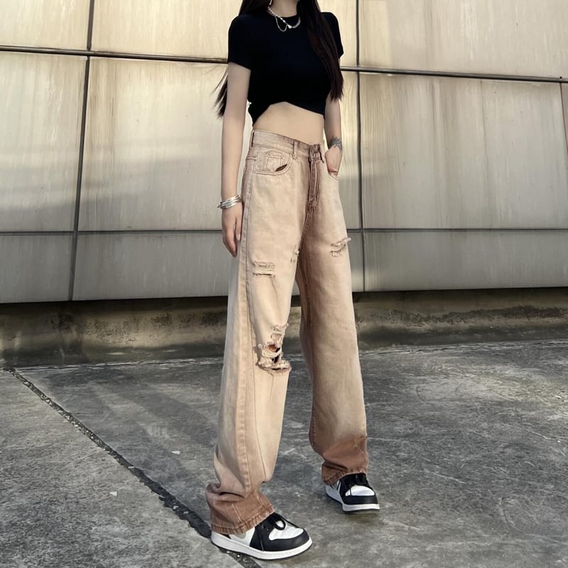 [SUFEI Series]★Denim Pants★ Trousers Bottoms Casual Distressed Unisex Brown Fashion