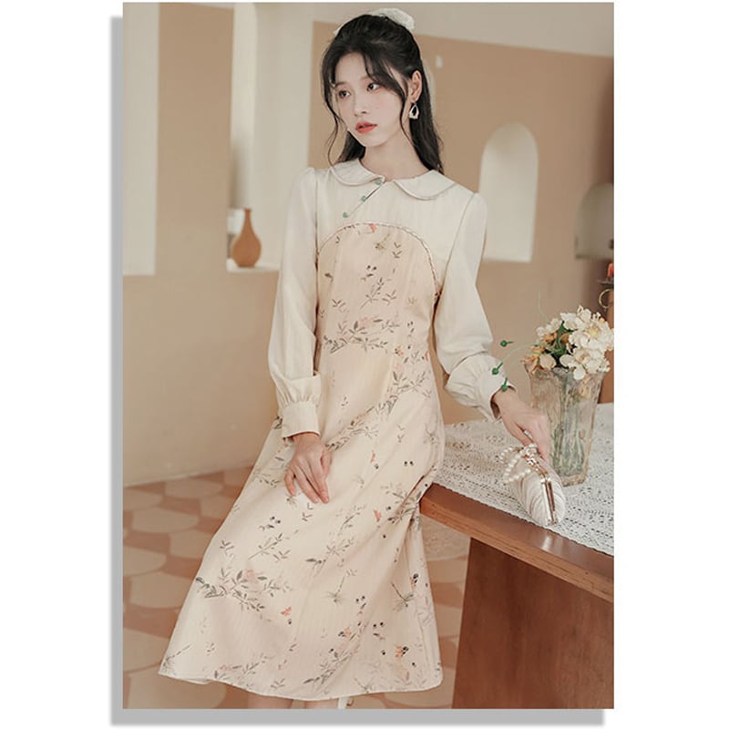 [Encounter series] ★China style dress★ Improved cheongsam dress, floral pattern, date, ethnic style, improves temperament SML