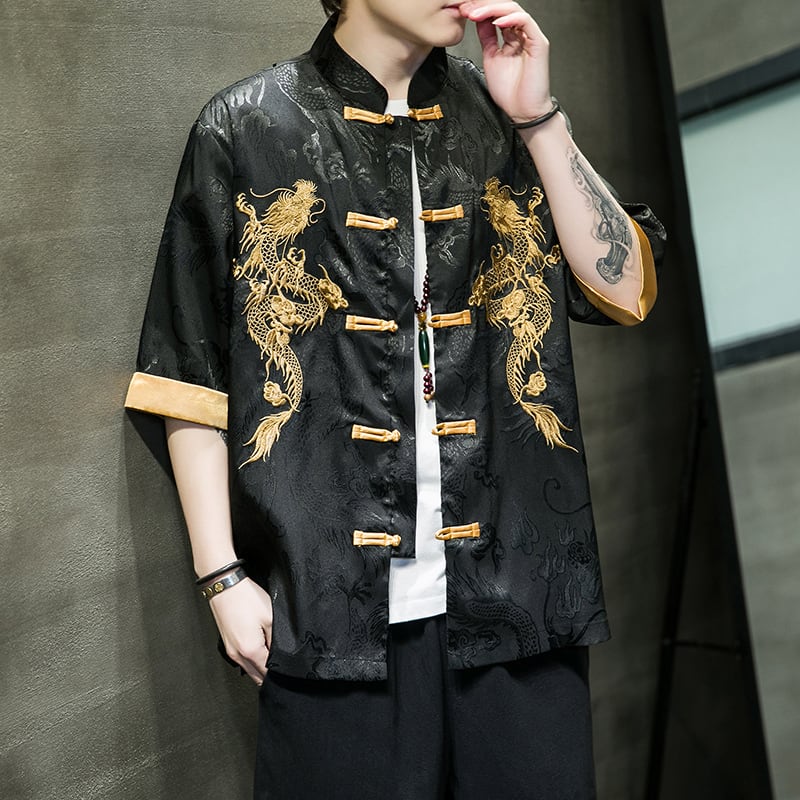 [JUNYI Series]★Chinese Style Shirt★ Embroidery Dragon 2color Unisex Men's Large Size Chinese Clothes Black White