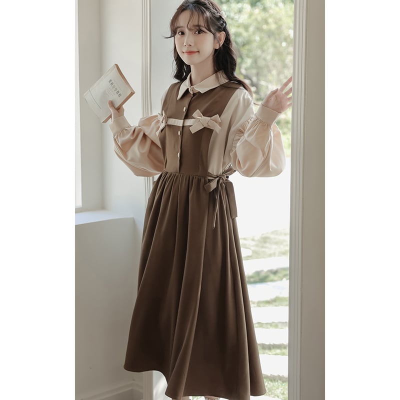 [Minami no Mori Series] ★One Piece★ Long Sleeve Women's Switching Faux Layered Office Lady Commuting Date Ribbon