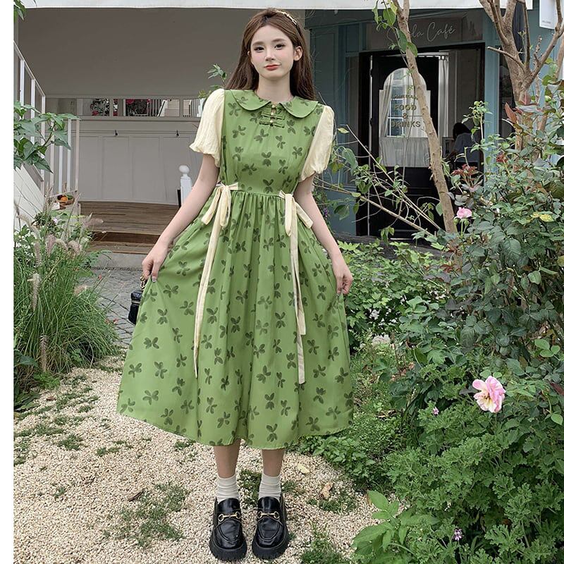 [Dong Xiaojie Series]★China style dress★Floral pattern dress Switchable Cute Large size Green Green