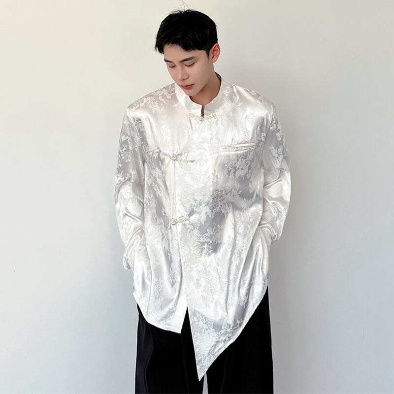 [Illustrated series] ★China style shirt★ 2color tops unisex men's floral print long sleeve shirt black white