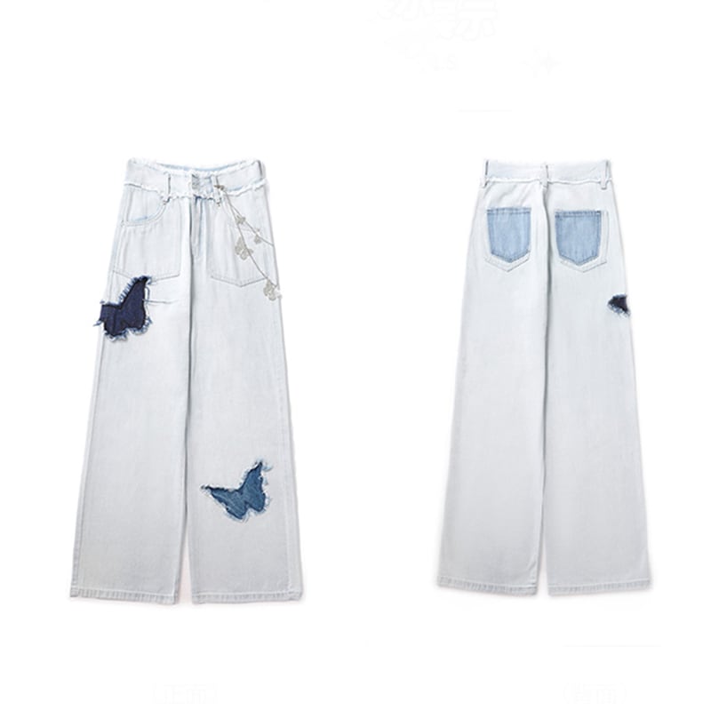 [ZIRANSE Series] ★Denim pants★ Bottoms with metal chain Pants Butterfly Slimming Ladies Blue Blue XS S M L XL