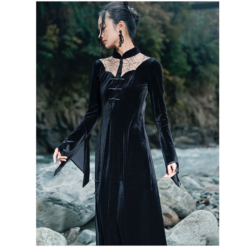 [Big Blue Dragon Series] ★China style dress★ Long length velvet sexy black slit long length