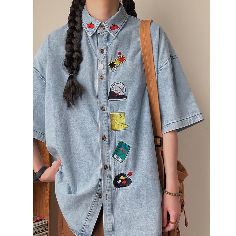 [KKTLL Series]★Shirt★ Embroidered shirt, short sleeve shirt, tops, unisex, men's ML XL denim shirt, cartoon