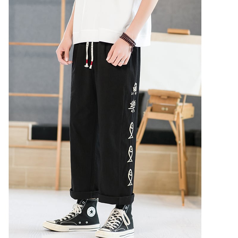 [TAOHUAYUAN Series]★China style trousers★ 3color bottoms trousers casual pants unisex men's large size fish nine-quarter length