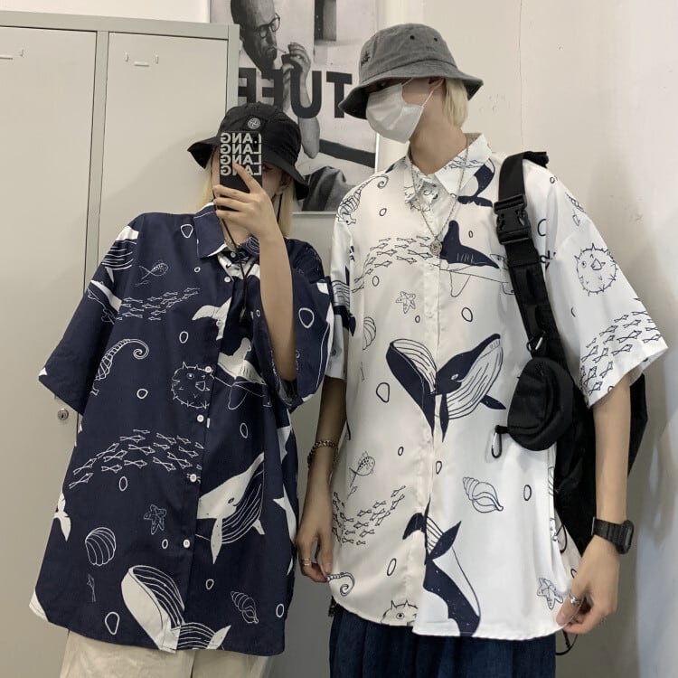 [ZENGDASHEN Series]★Shirt★ Tops 2color Unisex Men's Animal Pattern Shark Sea White Blue