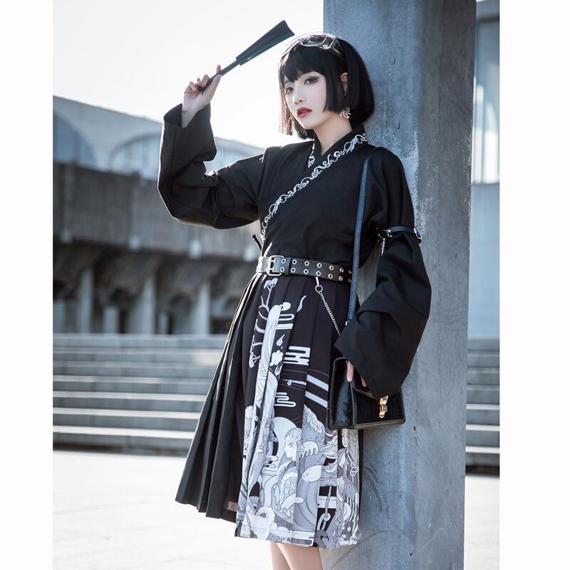 [Kyodo Series] ★China Style Skirt★ China Clothes Pleated Skirt SML LL Print High Waist Black Black