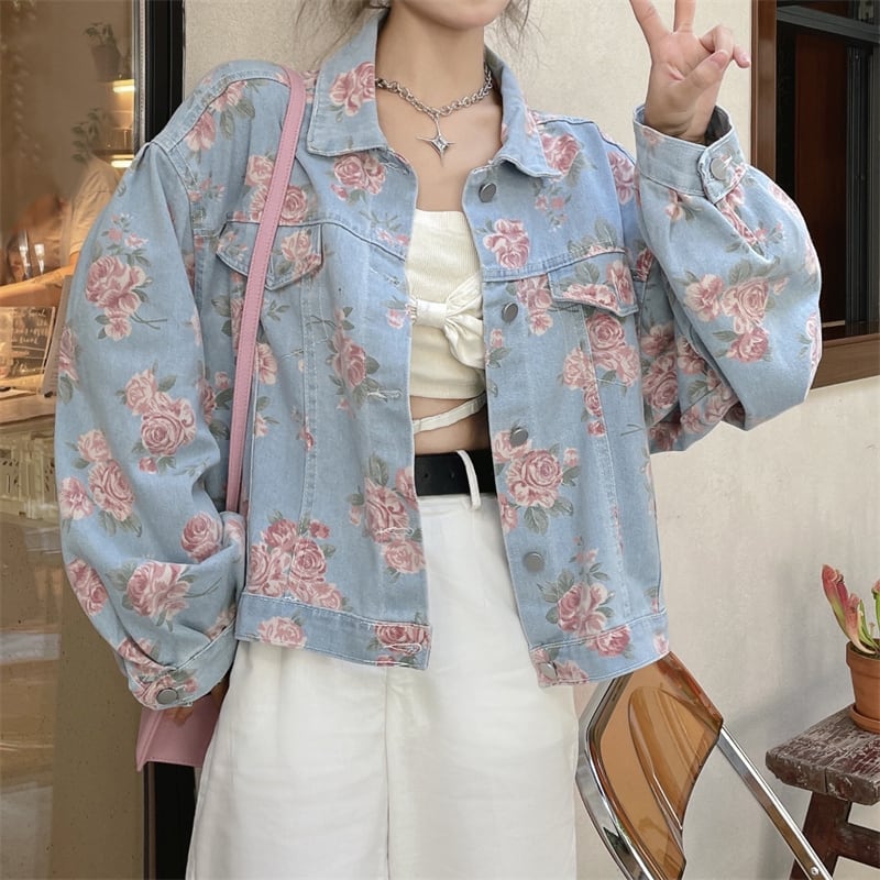 [Home Series]★Denim Jacket★ Floral Tops Outerwear Jacket Women's Short Length