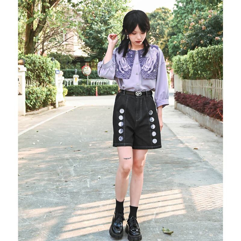 [Kokaisha---Moon phase series]★Denim pants★Shorts bottoms Black, black, retro, easy to match, slimming