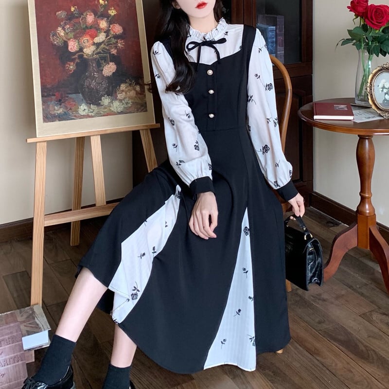 [Dong Xiaojie Series] ★Long Sleeve Dress★ Large Size Women's Dress Switching Commuting Floral Pattern Ribbon Cute