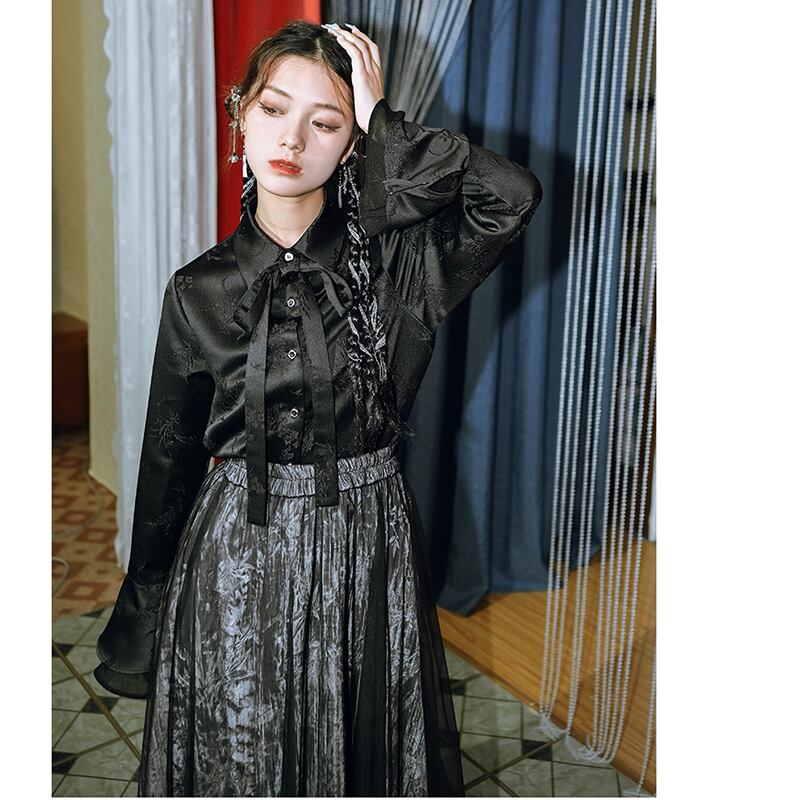 [Kokaisha --- Chichiku Series] ★China style skirt★ Bottoms velvet black black switching floral pattern