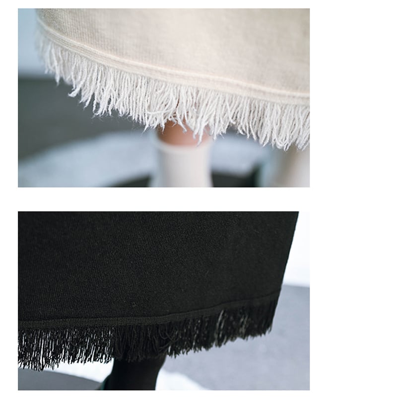 [Old Monster---Black White Reiki Series] ★Knit Skirt★ 2color Bottoms Fringe Black White White Black